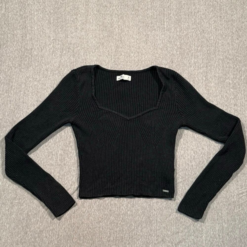 Hollister long sleeve top womens medium black sweetheart neck ribbed knit shirt